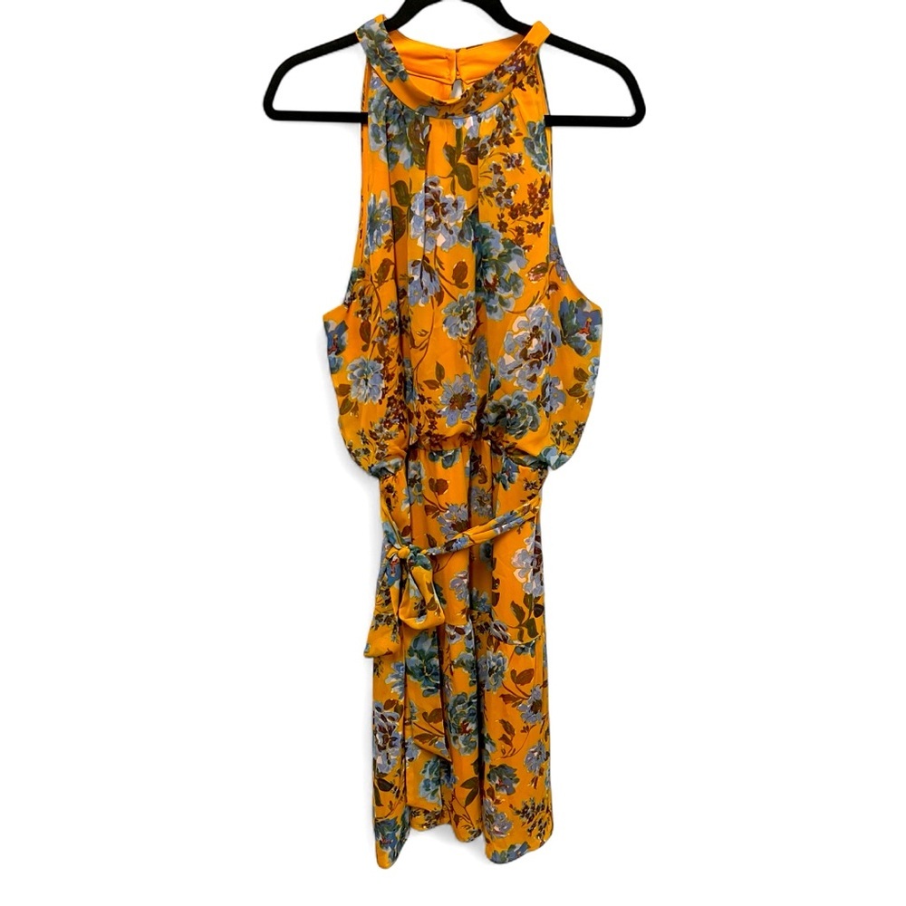 JULIA JORDAN maxi dress mustard yellow blue floral tiered lined chiffon size 16 - Picture 3 of 15